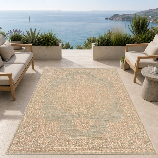 Teppich Grün Braun Flachgewebe für Wohnraum Balkon Terrasse