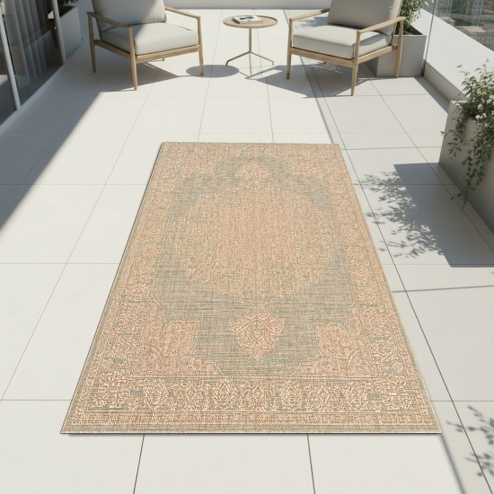 Preview: Teppich Grün Braun Flachgewebe für Wohnraum Balkon Terrasse