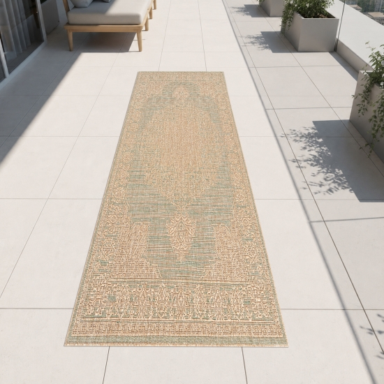 Preview: Teppich Grün Braun Flachgewebe für Wohnraum Balkon Terrasse