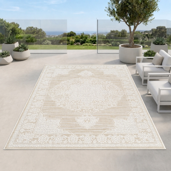 Teppich Beige Creme pflegeleicht für Wohnzimmer Balkon Terrasse