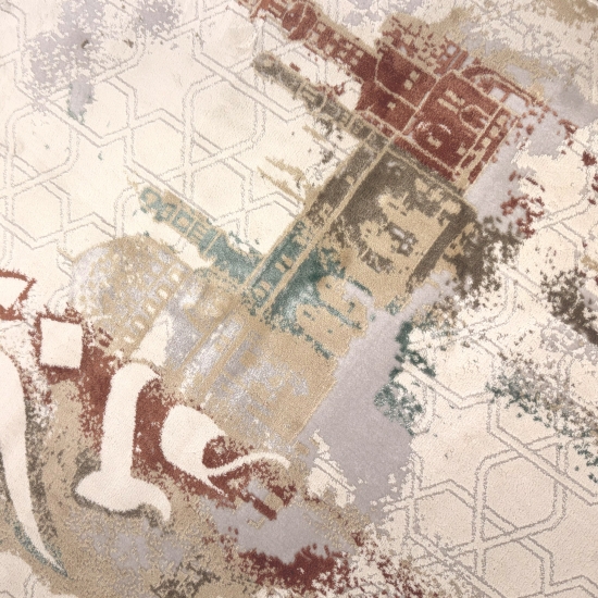 Preview: Gebetsteppich mit Kalligrafie und Moschee-Motiv in hellen Naturtönen