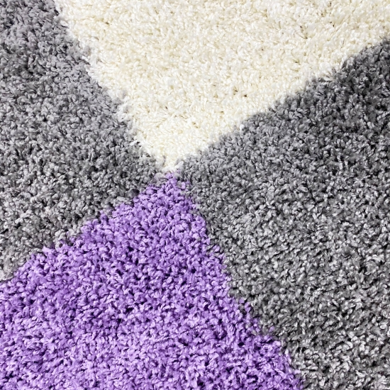 Preview: Shaggy Teppich Hochflor Teppich Gemustert in Karo Design Flieder Grau Creme