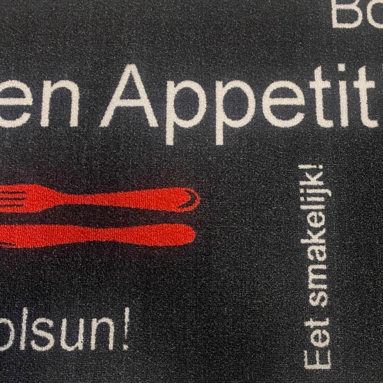 Preview: Küchenteppich waschbar mit Schriftzug Guten Appetit in Schwarz Rot