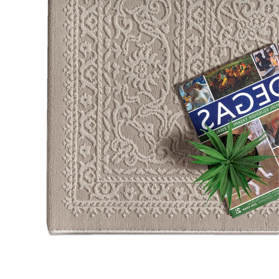 Teppich Taupe Ornament Muster pflegeleicht aus recyceltem Material