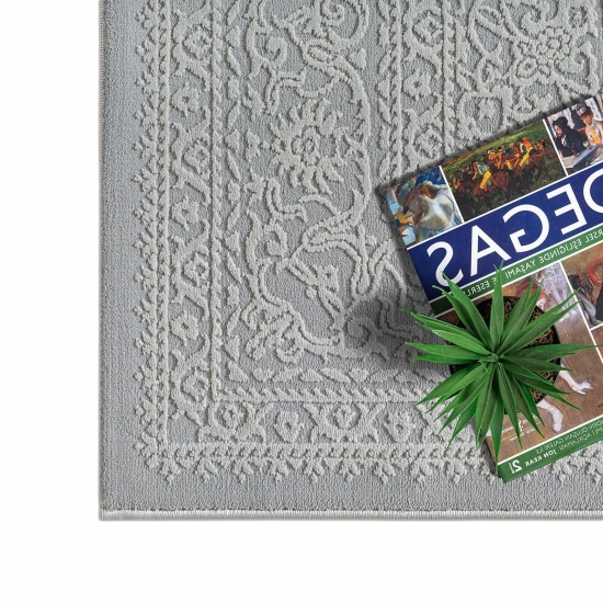 Teppich Grau Ornament Muster pflegeleicht aus recyceltem Material