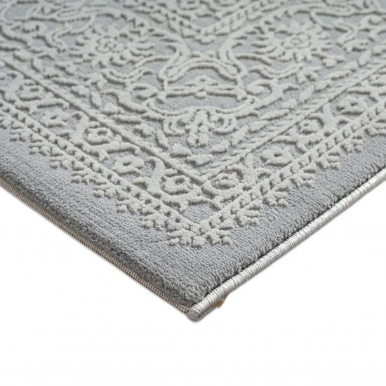 Teppich Grau Ornament Muster pflegeleicht aus recyceltem Material