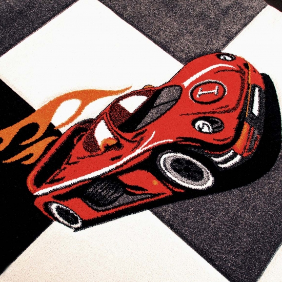 Preview: Kinderteppich Rennauto mit Creme Grau Rot Orange Schwarz