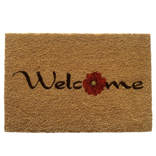 Preview: Robuster Fußabtreter mit Naturfasern dekoriert mit Blume in rot