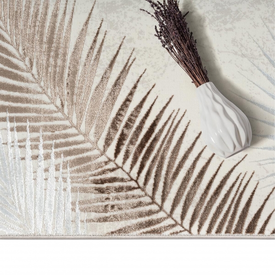 Pflegeleichter Creme Teppich mit Palmblättern und Glanzeffekt