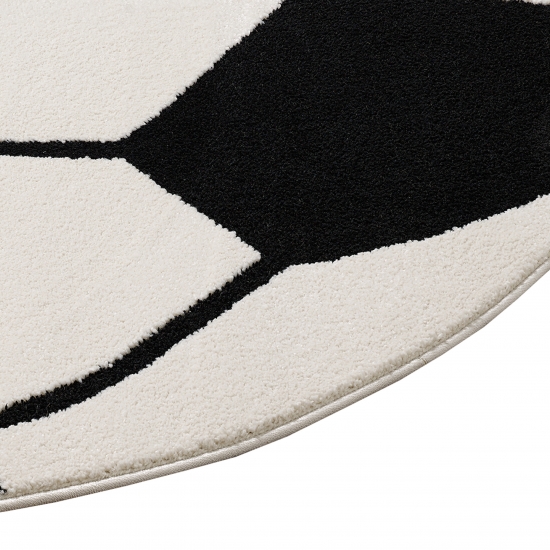 Preview: Fußballteppich rund Weich & robust für Kinderzimmer und Wohnzimmer in Schwarz Weiß