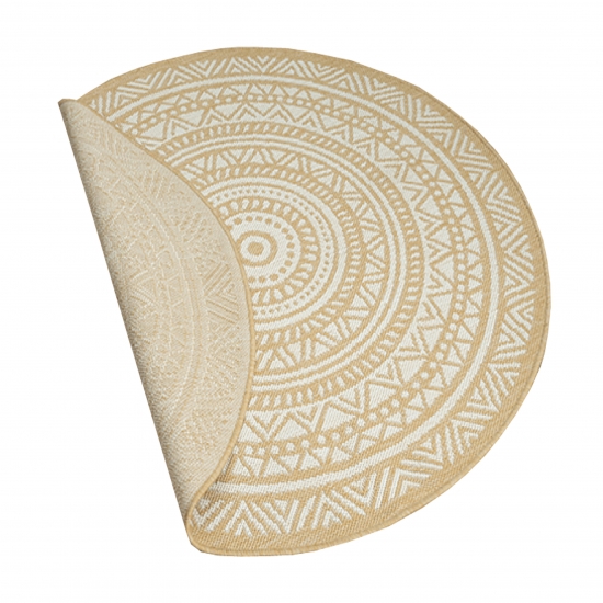Preview: Runder Teppich mit Ethno-Muster in Beige und Weiß – Natürlicher Stil für zeitloses Ambiente