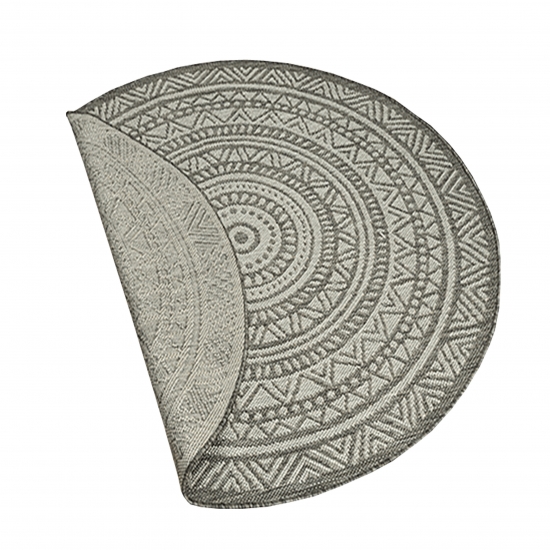 Preview: Runder Outdoor-Teppich mit Ethno-Muster in Dunkelgrau für Terrasse und Balkon