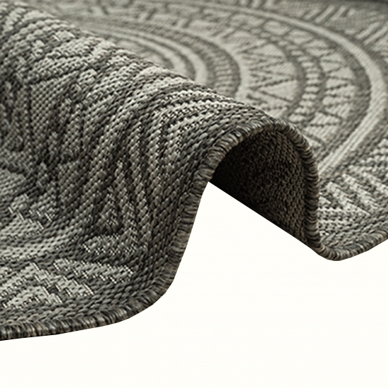 Preview: Runder Outdoor-Teppich mit Ethno-Muster in Dunkelgrau für Terrasse und Balkon
