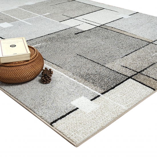 Preview: Moderner Teppich mit geometrischem Muster – Beige, Grau & Schwarz – Weich & strapazierfähig