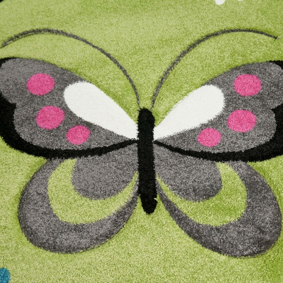 Kinderteppich Schmetterling Design Grün Pink Grau Türkis Weiss
