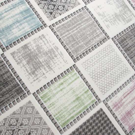 Preview: Designer Kurzflor mit Karomuster in Lila Blau Grün Grau