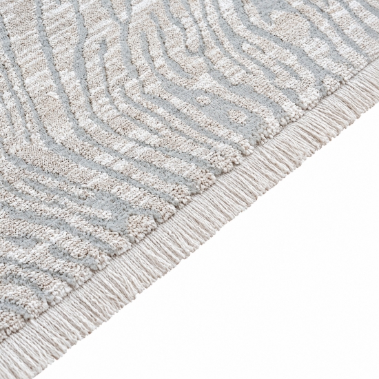 Robuster Teppich Creme mit modernem Linienmuster und Fransen
