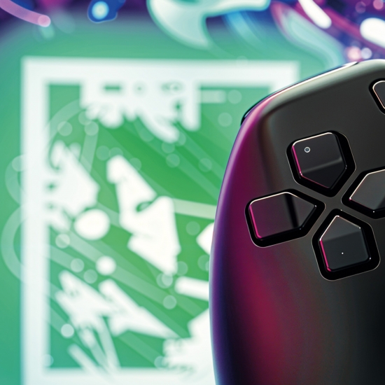 Gaming-Teppich mit lebendigen neon-farbigen Symbolen und Controller