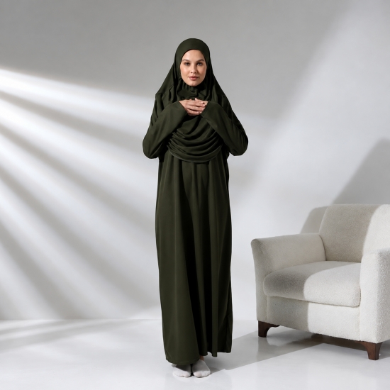 Gebetsset Dunkelgrün mit langem Kleid Teppich und Tragetasche