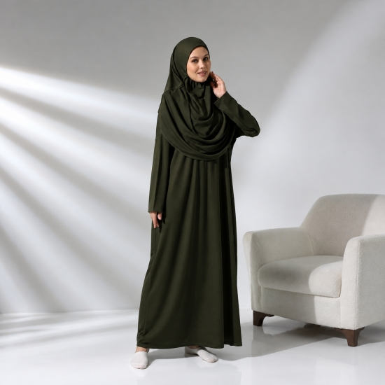 Gebetsset Dunkelgrün mit langem Kleid Teppich und Tragetasche
