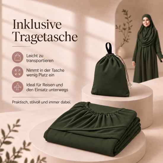 Gebetsset Dunkelgrün mit langem Kleid Teppich und Tragetasche