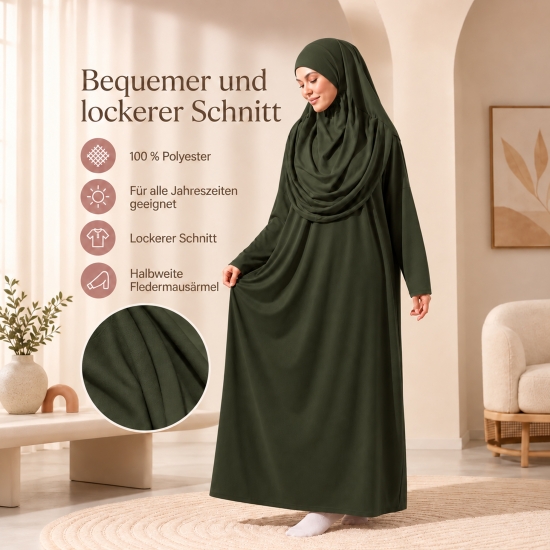 Gebetsset Dunkelgrün mit langem Kleid Teppich und Tragetasche