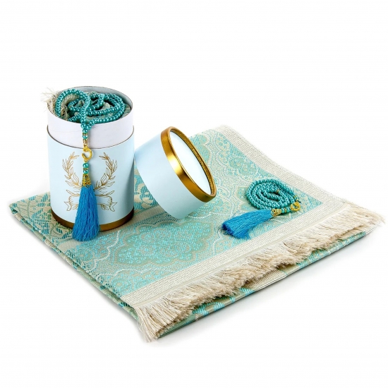 Preview: Gebetsteppich Taftstoff Blau 65 x 110 cm mit Geschenkbox und 99er Gebetskette – stilvolles Geschenk für Gebet und Alltag