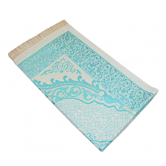 Preview: Gebetsteppich Taftstoff Blau 65 x 110 cm mit Geschenkbox und 99er Gebetskette – stilvolles Geschenk für Gebet und Alltag