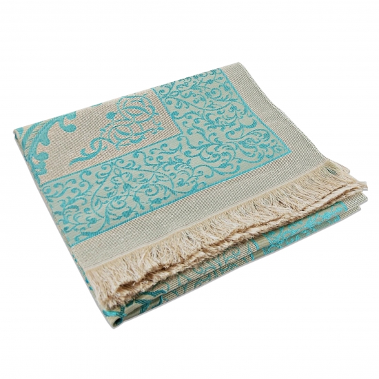 Preview: Gebetsteppich Taftstoff Blau 65 x 110 cm mit Geschenkbox und 99er Gebetskette – stilvolles Geschenk für Gebet und Alltag