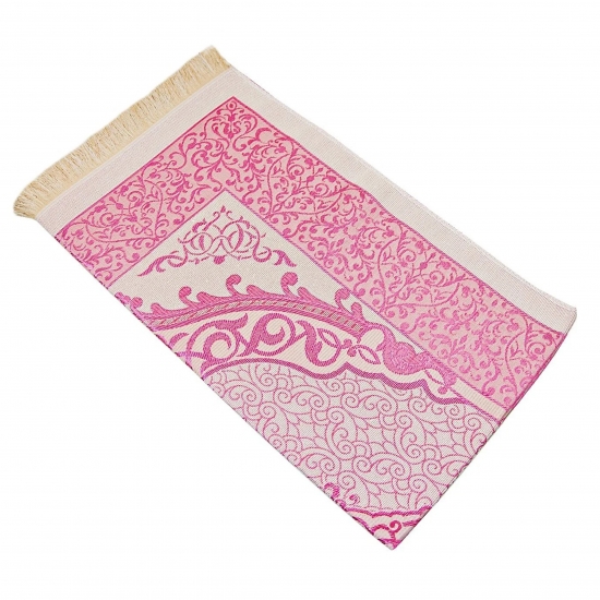 Preview: Gebetsteppich Taftstoff Rosa 65 x 110 cm mit Geschenkbox und 99er Gebetskette – stilvolles Geschenk für Gebet & Ramadan