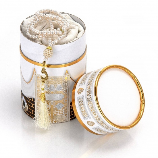 Preview: Gebetsteppich Taftstoff Weiß 65 x 110 cm mit Geschenkbox und 99er Gebetskette – elegantes Geschenk für Gebet und Reise