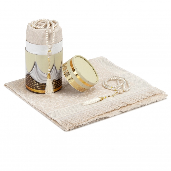 Preview: Gebetsteppich Taftstoff Creme 65 x 110 cm mit Geschenkbox und 99er Gebetskette – edles Design für Zuhause und unterwegs