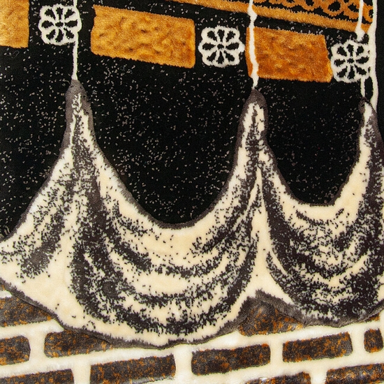 Preview: Gebetsteppich Schwarz Gold Beige pflegeleicht mit Fransen für Zuhause