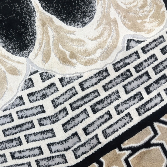 Preview: Gebetsteppich mit Kaaba-Motiv und geometrischem Muster in Schwarz und Beige