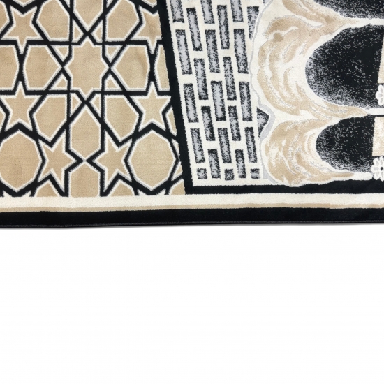 Gebetsteppich mit Kaaba-Motiv und geometrischem Muster in Schwarz und Beige