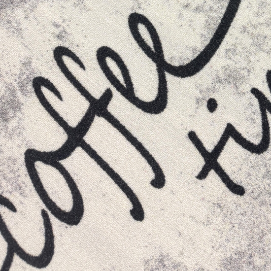 Preview: Küchenteppich Grau mit Coffee-Time-Motiv, pflegeleicht und belastbar