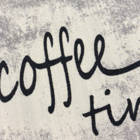 Preview: Küchenteppich Grau mit Coffee-Time-Motiv, pflegeleicht und belastbar