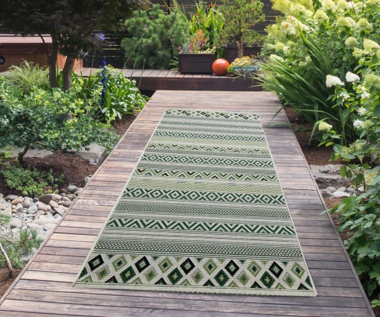 Preview: In- & Outdoor Teppich Sisal Optik Rauten Diamantenmuster grün sand