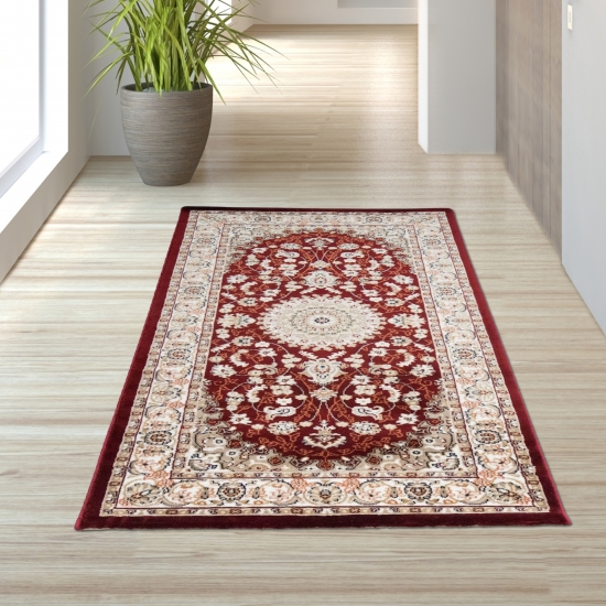 Teppich Rot Creme klassisches Medaillon Muster pflegeleicht Wohnzimmer