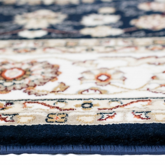 Teppich Dunkelblau Creme Medaillon Muster pflegeleicht für Wohnräume
