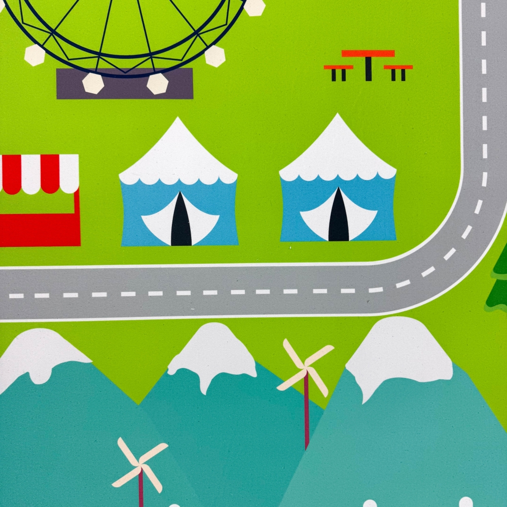 Spielerischer Kinderzimmerteppich mit Städtemuster in Grün