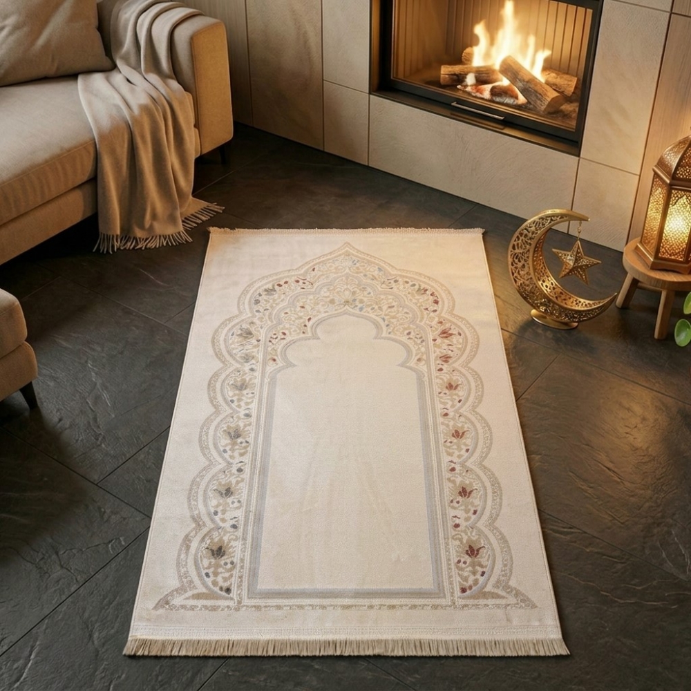 Gebetsteppich mit Mihrab-Motiv und ornamentaler Verzierung in Creme