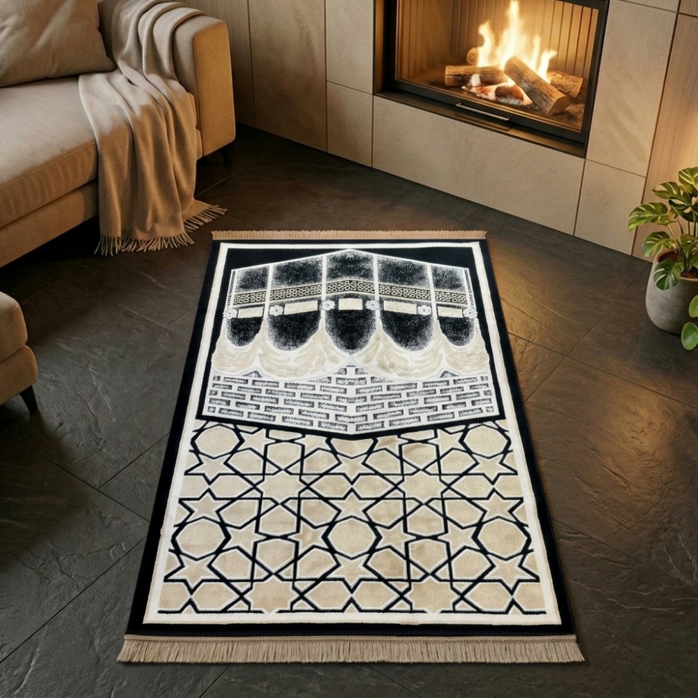 Gebetsteppich mit Kaaba-Motiv und geometrischem Muster in Schwarz und Beige