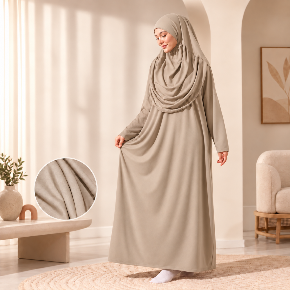 Langes Gebetsgewand Beige mit passender Kopfbedeckung und Beutel