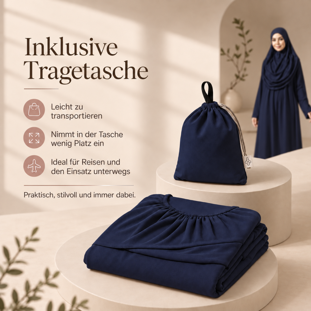 Gebetskleid in Dunkelblau mit Kopftuch und praktischer Stofftasche
