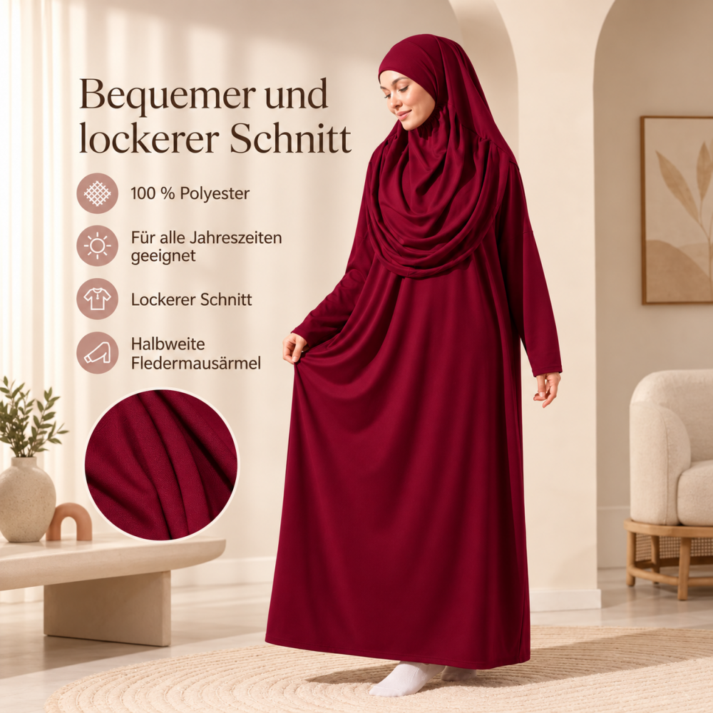 Langes Gebetskleid in Rot mit Kopftuch und Transportbeutel