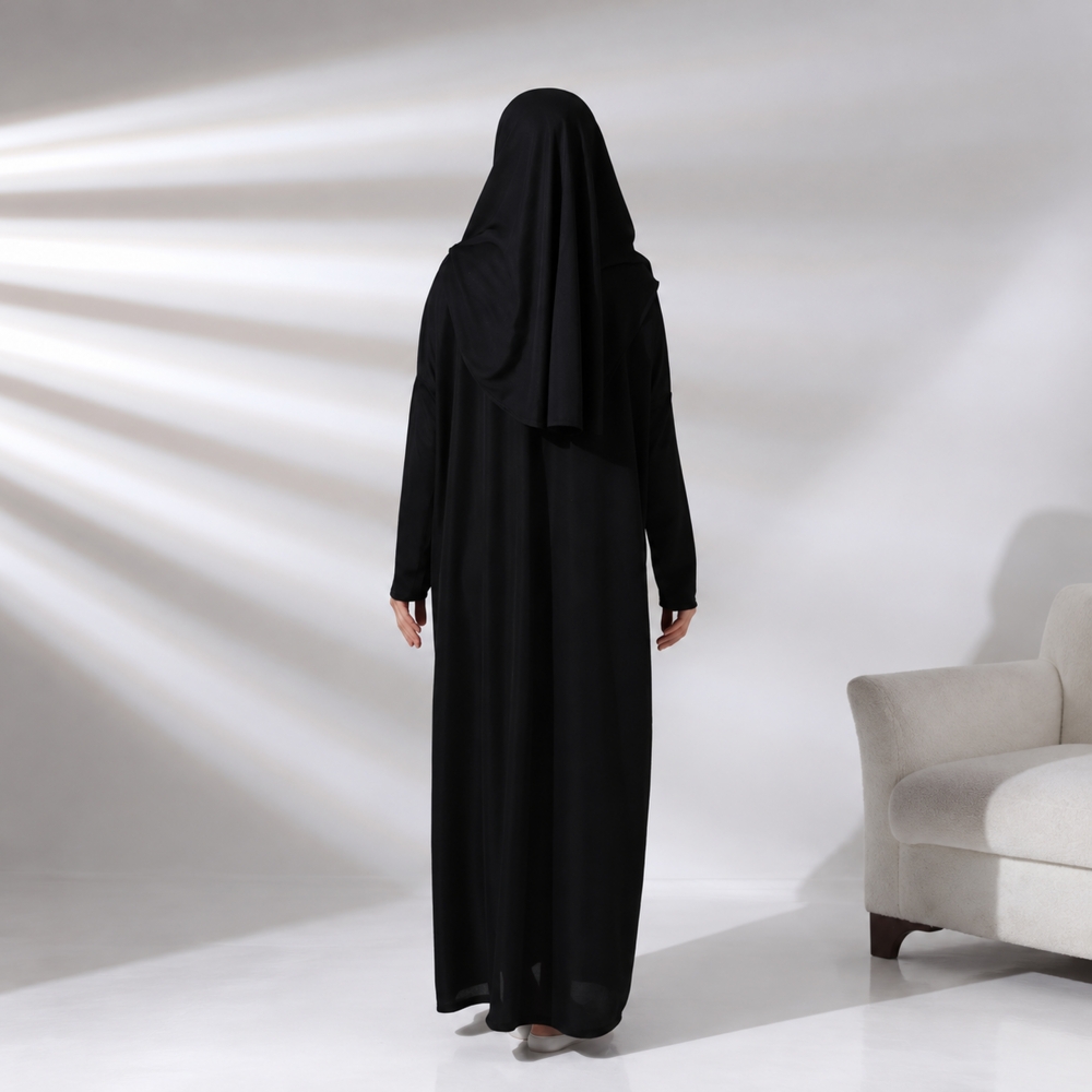 Langes Gebetsgewand Schwarz mit Kopftuch und praktischem Beutel