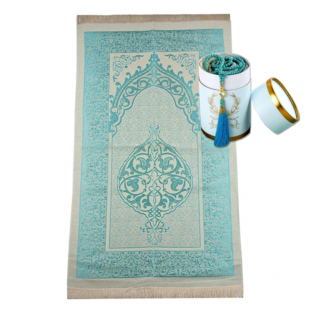 Gebetsteppich Taftstoff Blau 65 x 110 cm mit Geschenkbox und 99er Gebetskette – stilvolles Geschenk für Gebet und Alltag