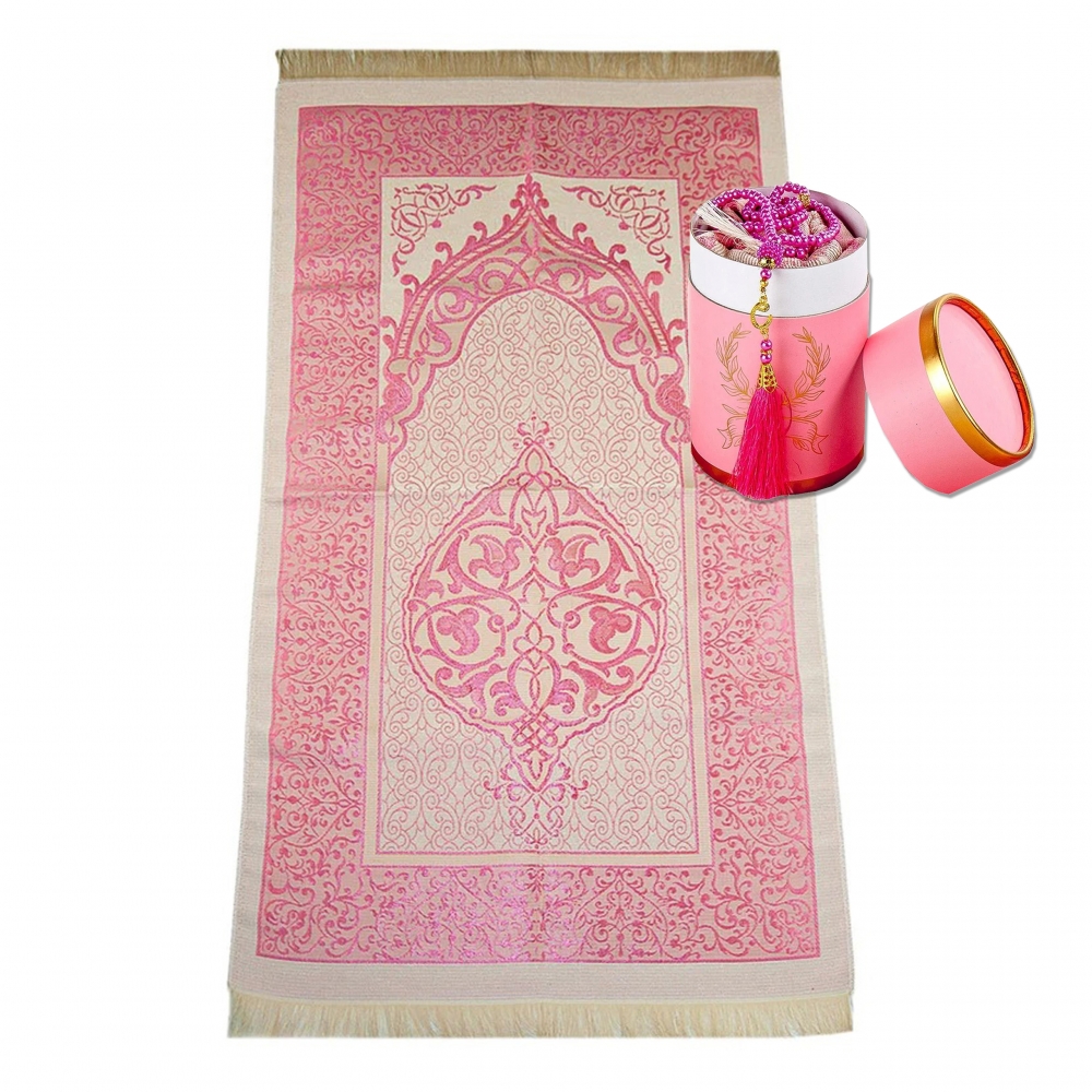 Gebetsteppich Taftstoff Rosa 65 x 110 cm mit Geschenkbox und 99er Gebetskette – stilvolles Geschenk für Gebet & Ramadan