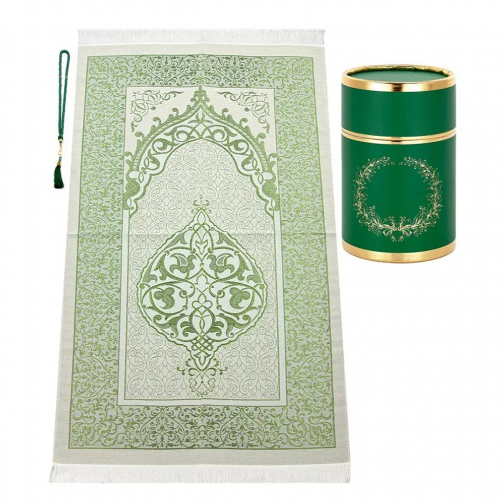 Gebetsteppich aus Taftstoff mit Geschenkbox und Tesbih leicht grün 65 x 110 cm